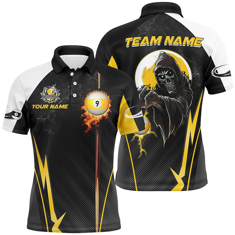 Funny Death Skeleton Billiard Ball 9 Fire Cue Custom Men's Polo Shirt S-5XL