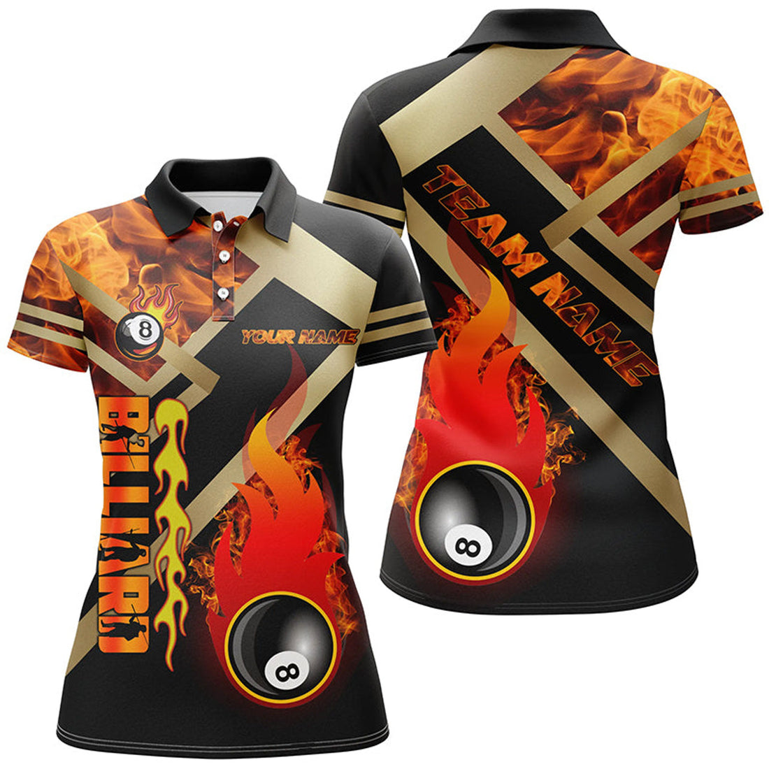 Custom Name 8 Ball Pool Fire Flame Billiards Uniform Women's Polo Shirts S-5XL