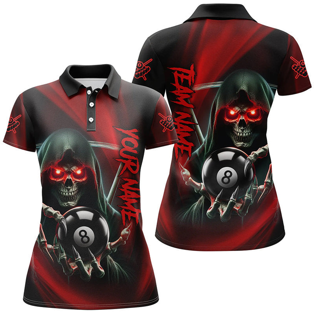 Custom Red Billiard Reaper Skull 8 Ball Women's Polo Shirts S-5XL