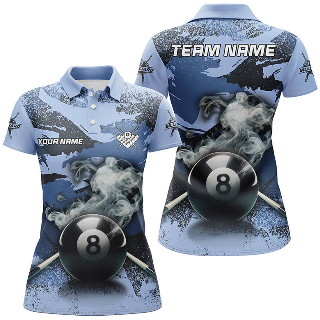 Custom Personalized 8 Ball Pool & Cue Smoke Blue Camo Women's Polo Shirts S-5XL