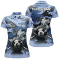 Custom Personalized 8 Ball Pool & Cue Smoke Blue Camo Women's Polo Shirts S-5XL