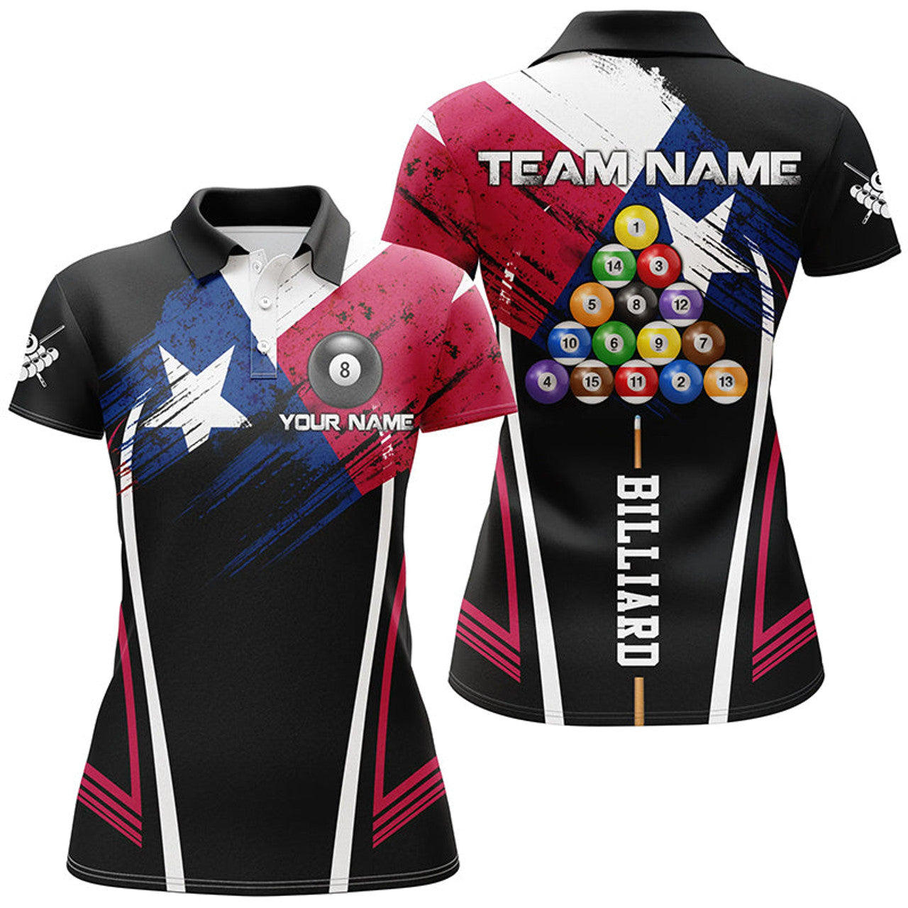 Custom Personalized Billiard Patriotic Texas Flag Women's Polo Shirts S-5XL