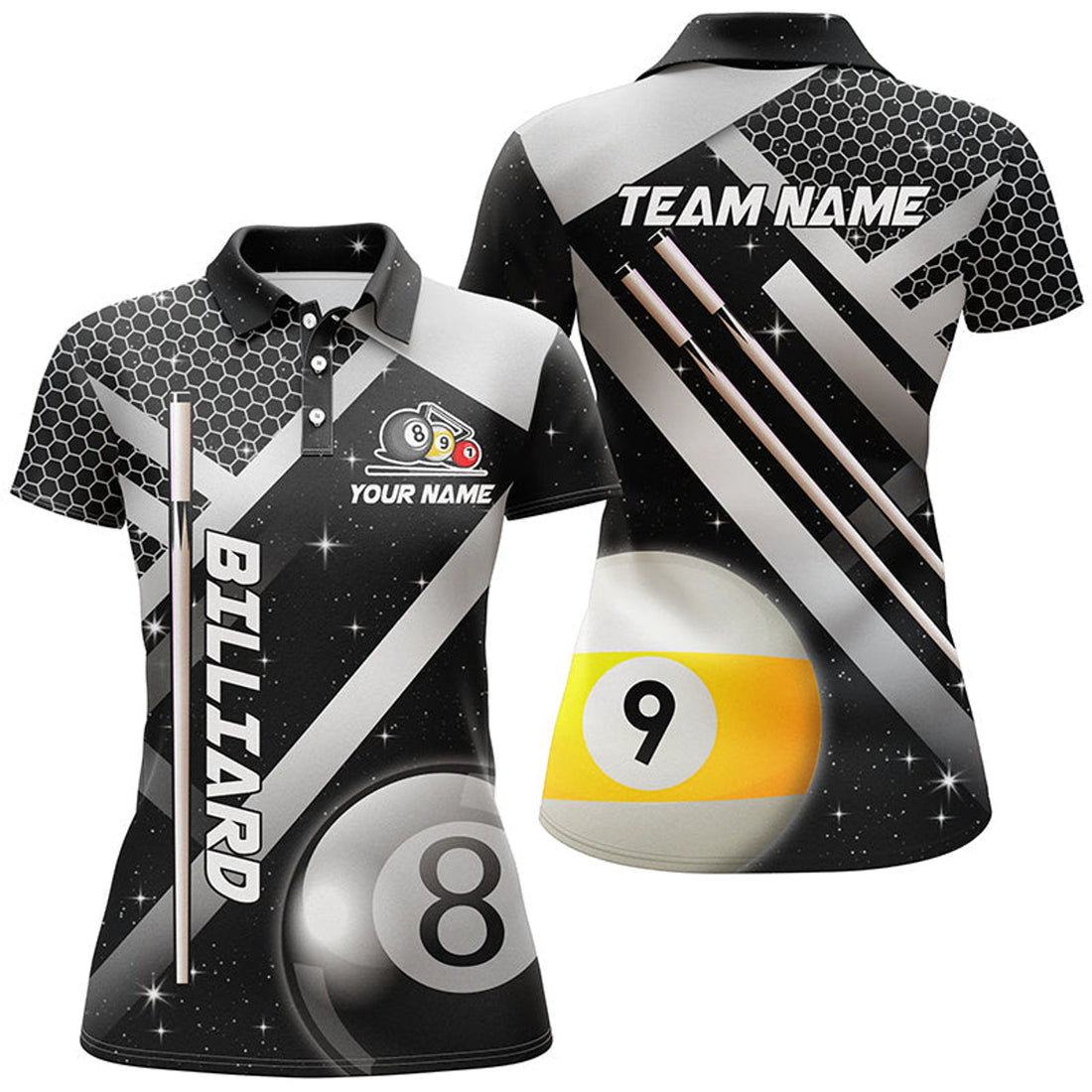 Custom Personalized Black Billiard 8 Ball And 9 Ball Women's Polo Shirts S-5XL