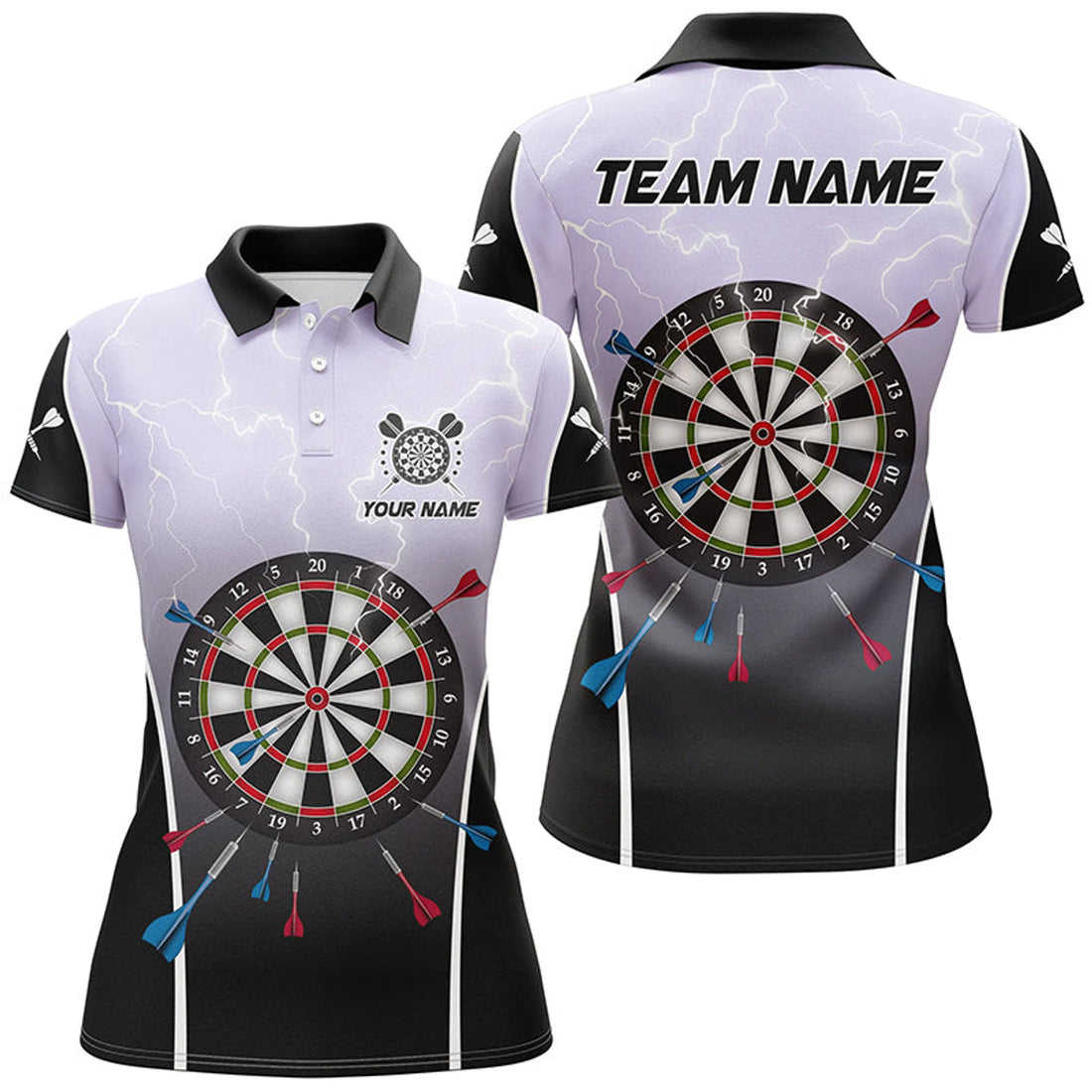 Custom Name Lightning Thunder Dartboard Grey 3D Darts Team Women's Polo Shirts S-5XL