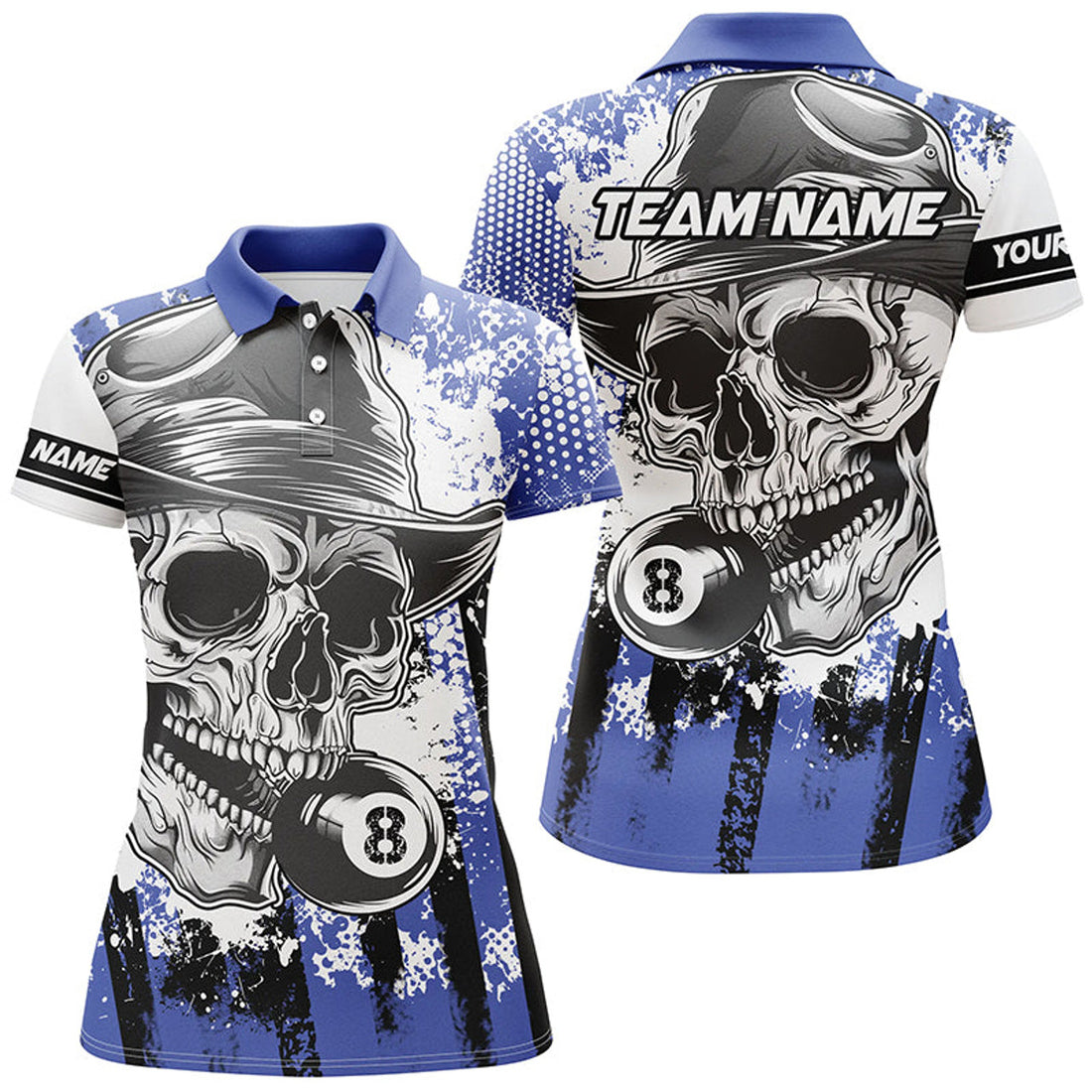 Custom Personalized Blue Billiard Skull Holding 8 Ball Women's Polo Shirts S-5XL