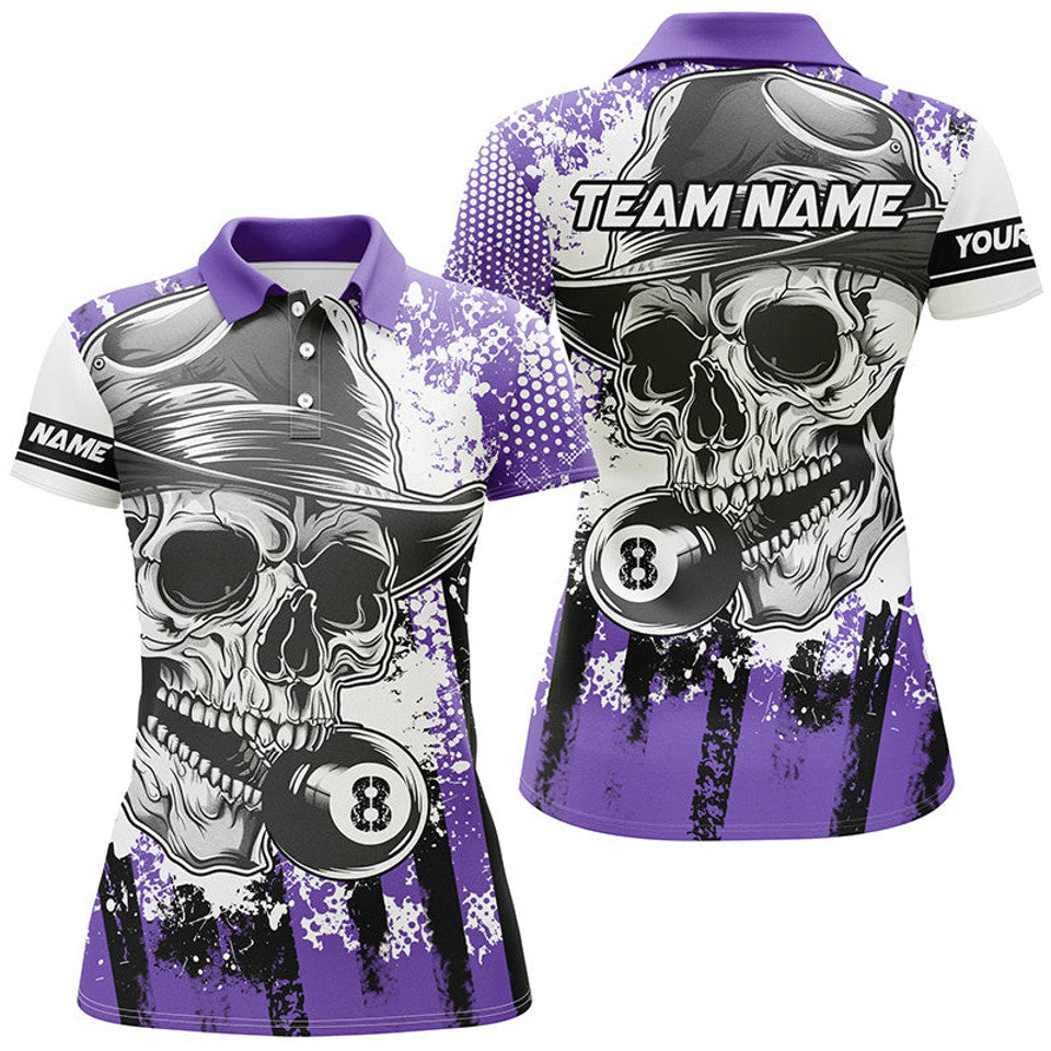 Custom Purple Skull Holding 8 Ball Billiard Women's Polo Shirts S-5XL