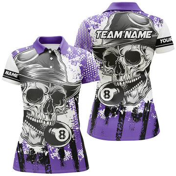Custom Purple Skull Holding 8 Ball Billiard Women's Polo Shirts S-5XL