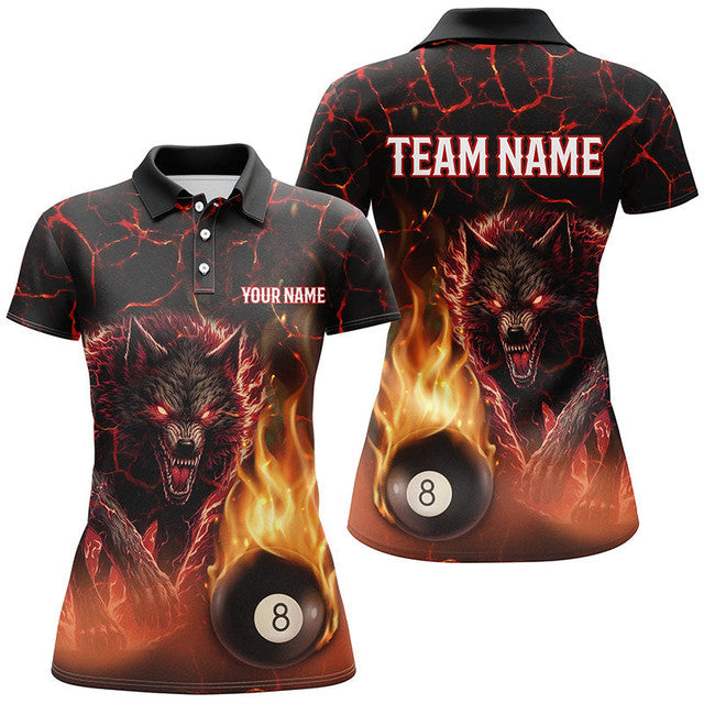 Custom 3D Wolf 8 Ball Fire Flame Billiard Polo Team League Women's Polo Shirts S-5XL