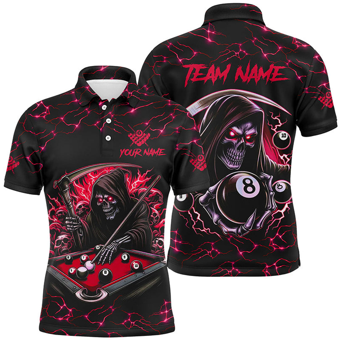 Custom Billiard Skull 8 Ball Pool Funny Customized Name Men's Polo Shirt S-5XL