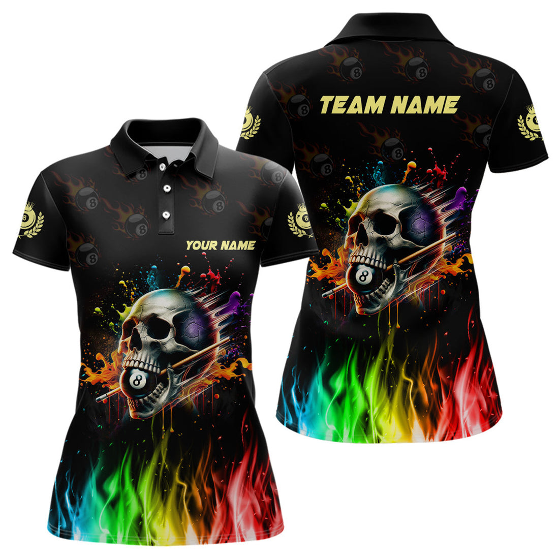 Custom Funny Billiard Colorful Skull Personalized Women's Polo Shirts S-5XL