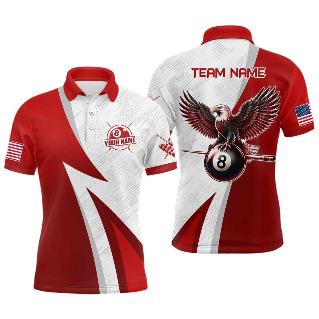 Personalized Red Billiards Eagle 8 Ball Pool Mens Polo Shirt S-5XL