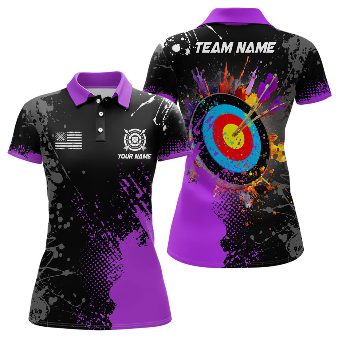 Custom Purple 3D Archery Polo Shirts with Name for Women's Polo Shirts S-5XL