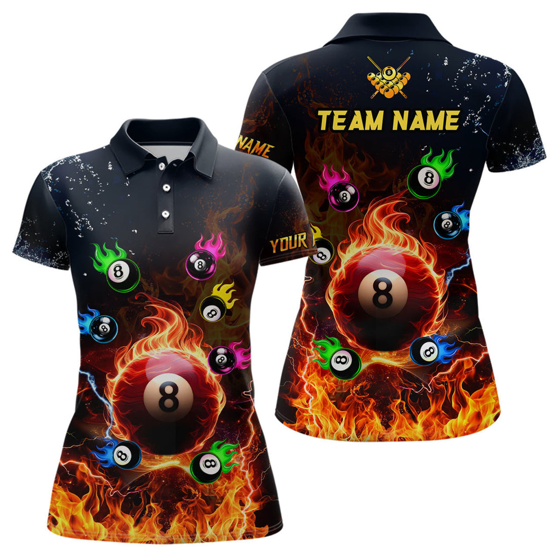 Custom Personalized Colorful 8 Ball Fire Billiard Team Women's Polo Shirts S-5XL