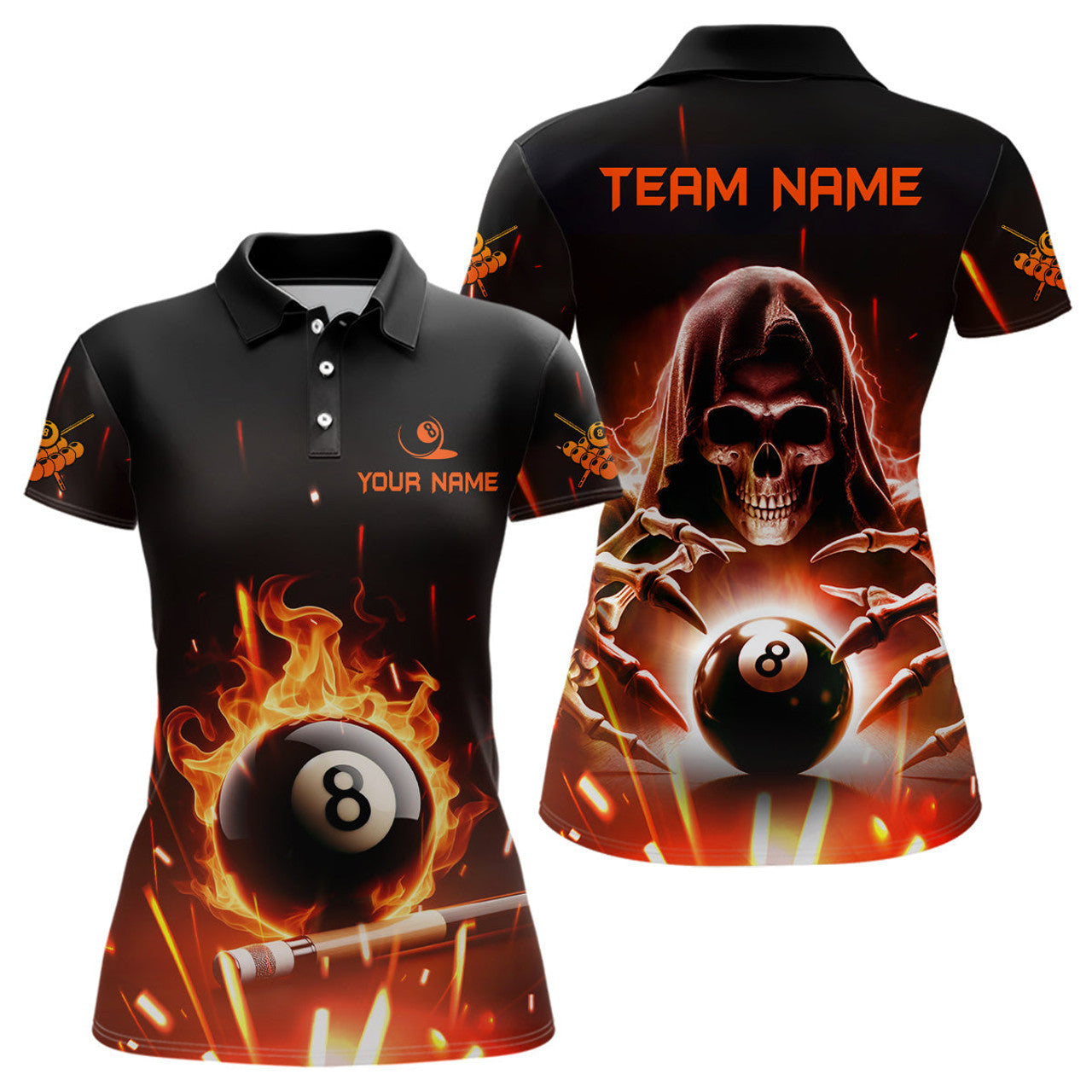 Custom Billiard Skeleton Flaming 8 Ball Pool Women 3D Polo Shirt Size S-5XL