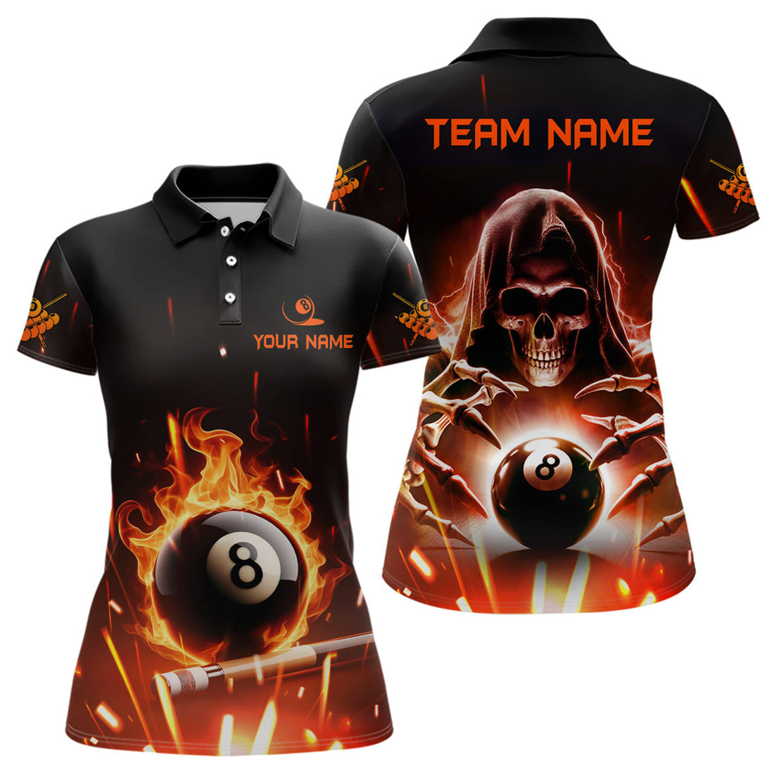 Custom Billiard Skeleton Flaming 8 Ball Pool Women 3D Polo Shirt Size S-5XL