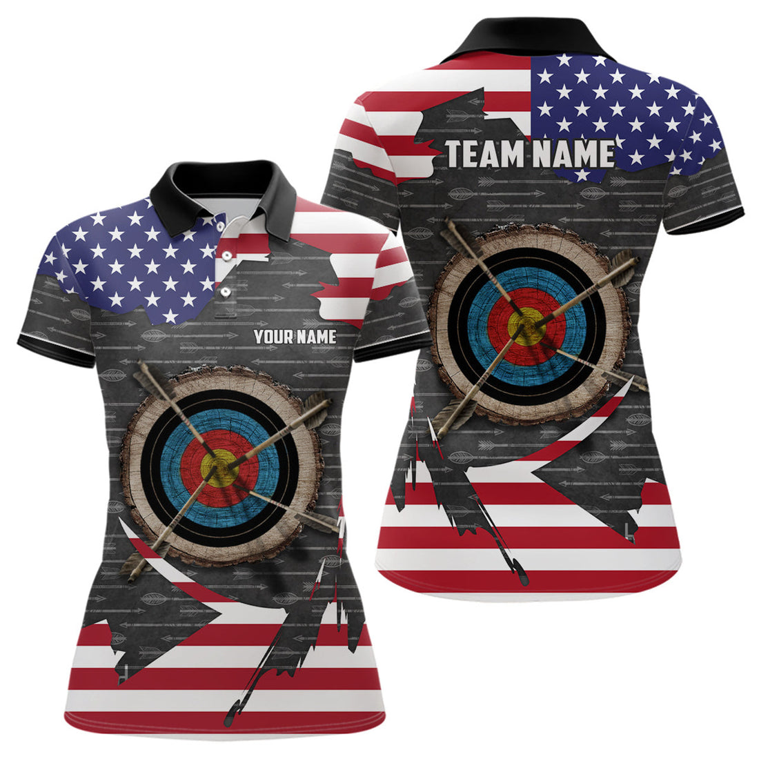 Custom Retro Archery 3D Target US Flag Patriotic Women's Polo Shirts S-5XL