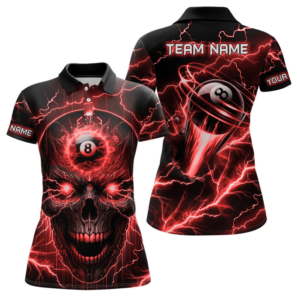 Custom Skull 8 Ball Pool Billiard Red Custom Name Women's Polo Shirts S-5XL
