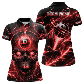 Custom Skull 8 Ball Pool Billiard Red Custom Name Women's Polo Shirts S-5XL