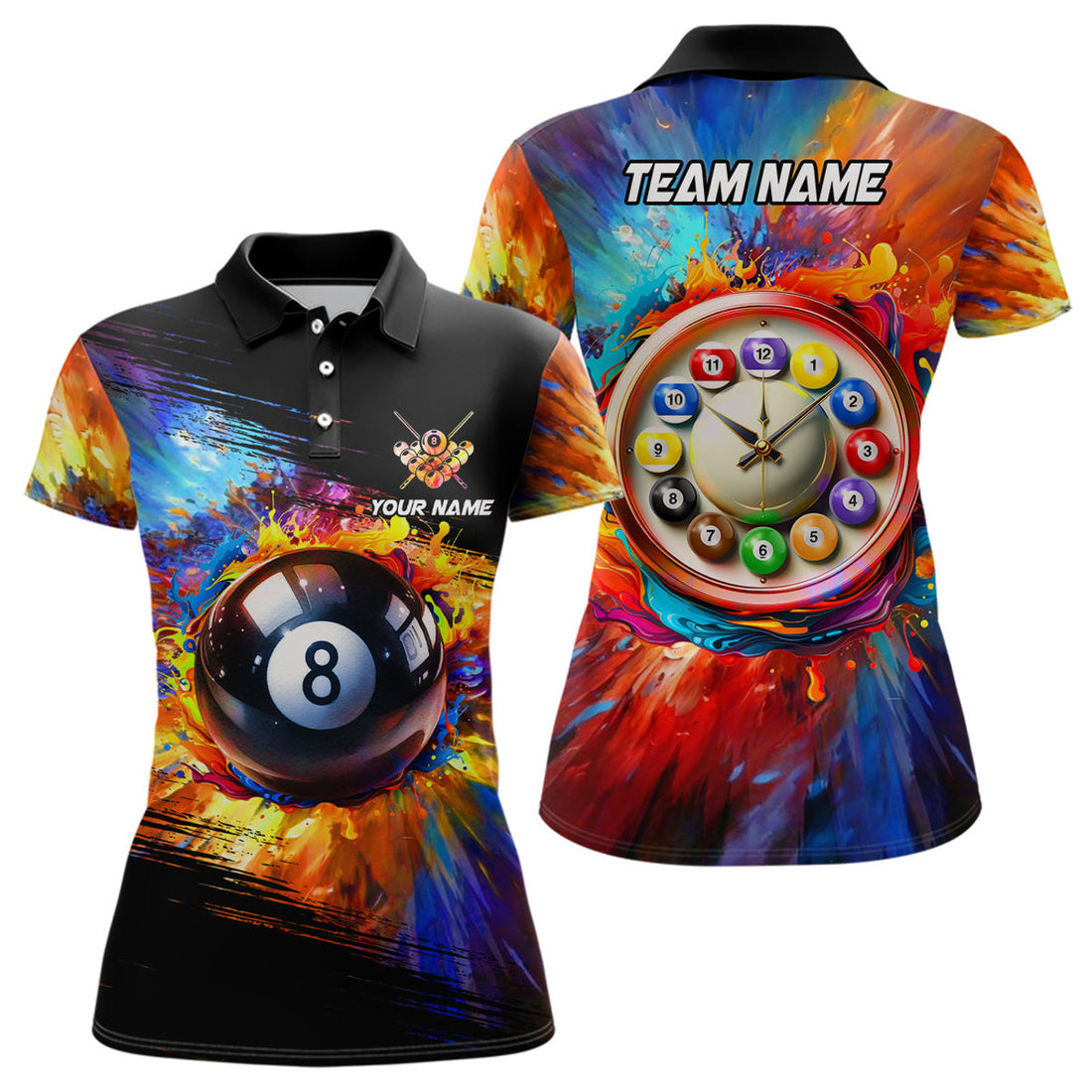 Custom 8 Ball Pool Clock Polo Shirts Funny Design Women's Polo Shirts S-5XL