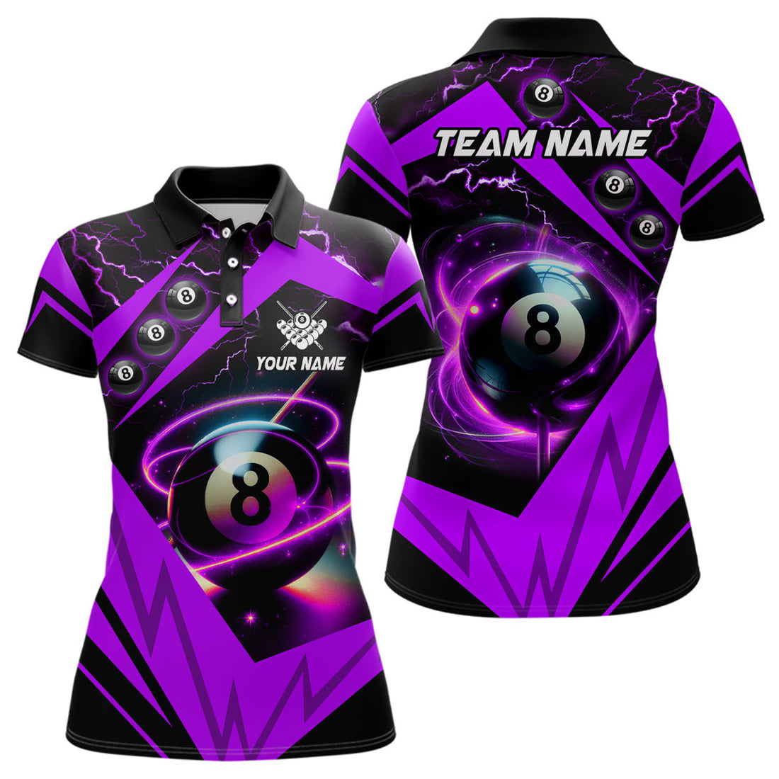 Custom Purple 8 Ball Pool Billiard Women's Polo Shirts S-5XL
