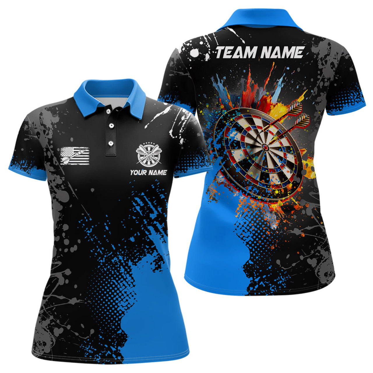 Custom Name Blue Paint Dartboard Shirt for Team Women's Polo Shirts S-5XL