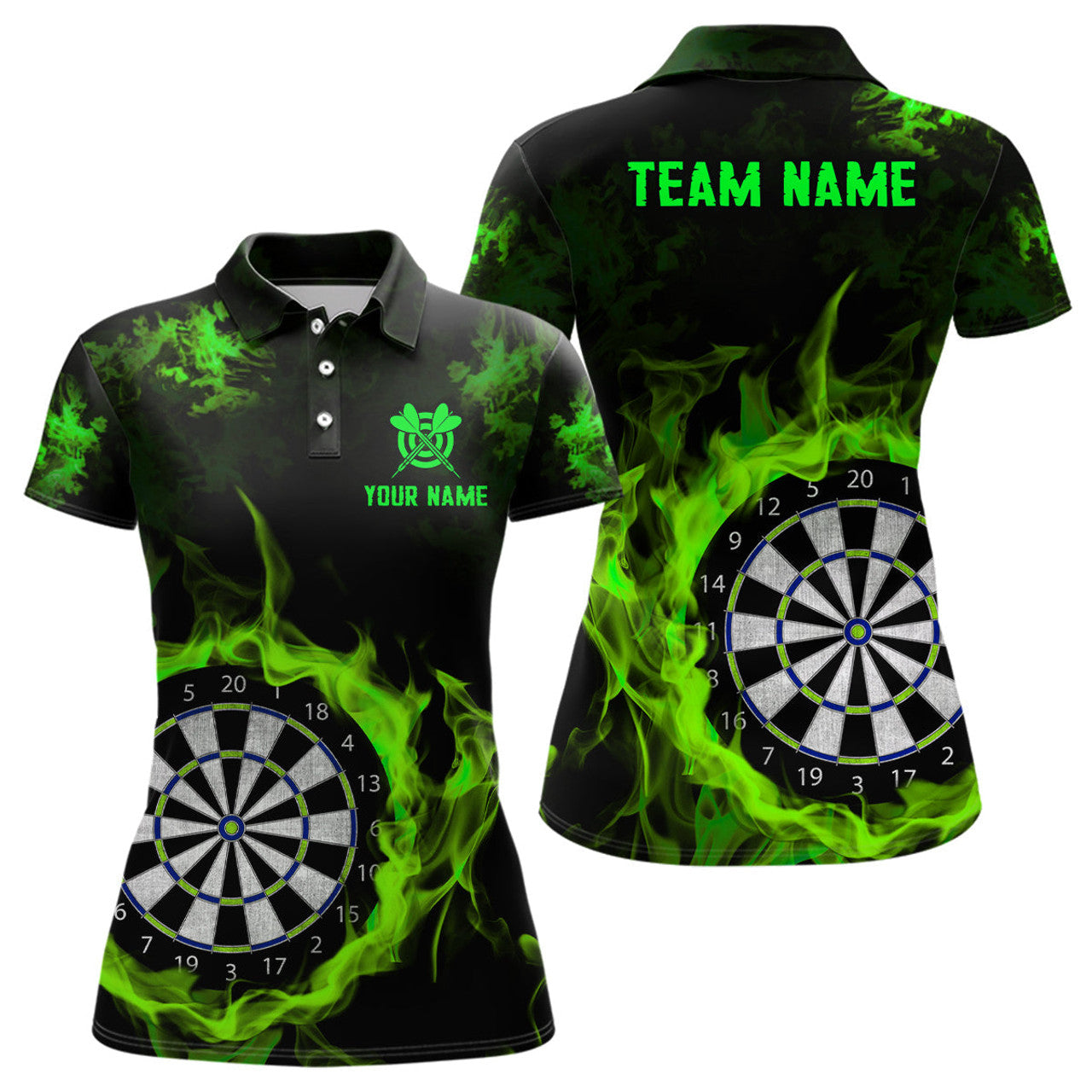 Custom Fire Flame Green Dartboard Dart For Team Women's Polo Shirts S-5XL
