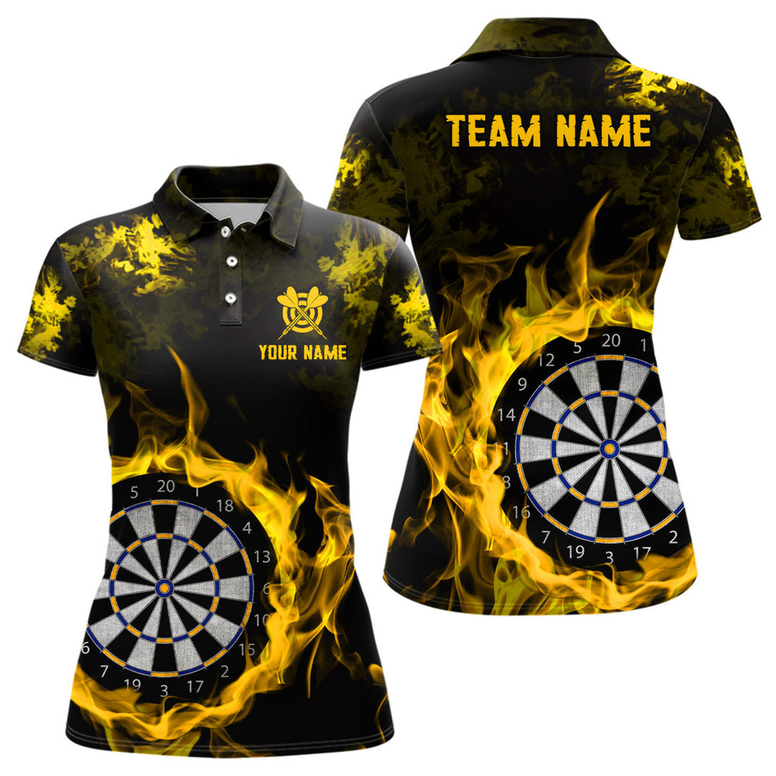 Custom Fire Flame Yellow Dart Shirt Team Uniform Women's Polo Shirts S-5XL