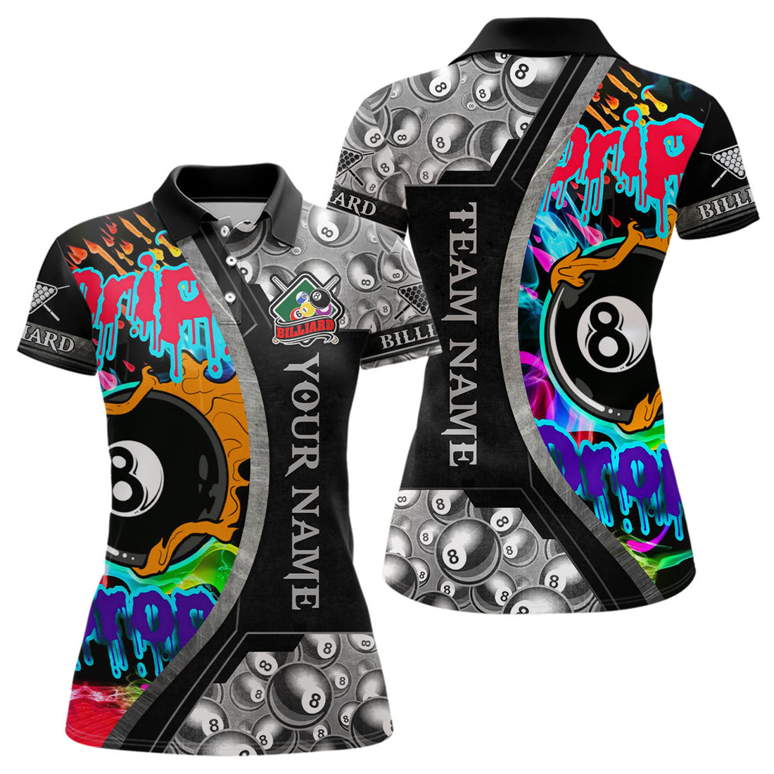 Custom Name 8 Ball Billiard Drip Design Personalized Women's Polo Shirts S-5XL