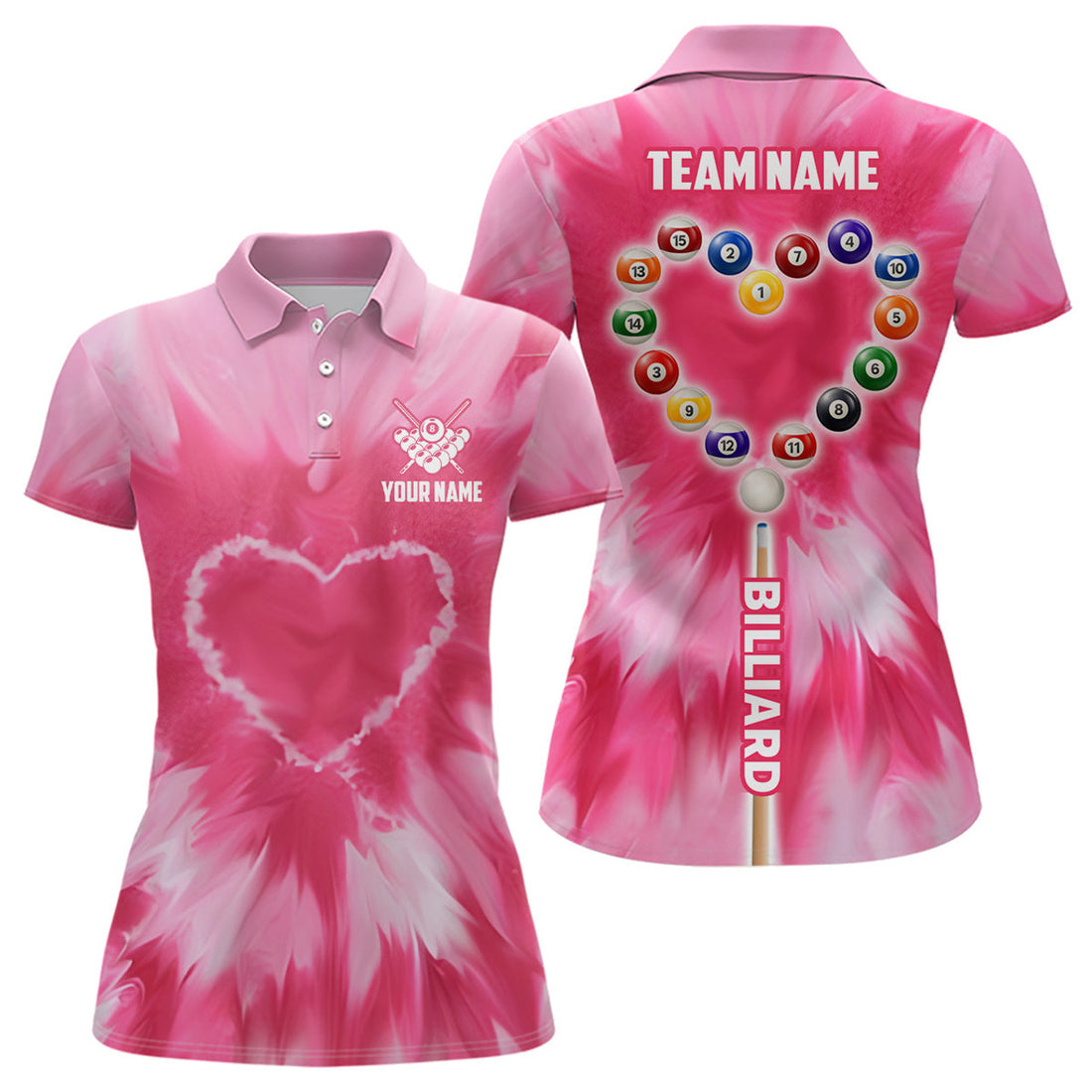 Custom Pink Tie Dye Heart Billiard Valentines Day Gift Women's Polo Shirts S-5XL