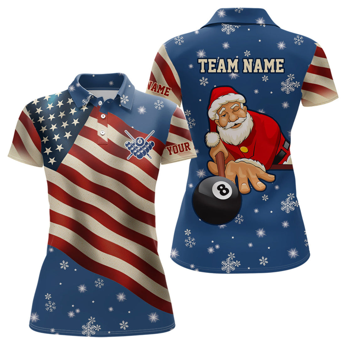 Funny Christmas Santa Billiard USA Patriotic Women 3D Polo Shirt Size S-5XL