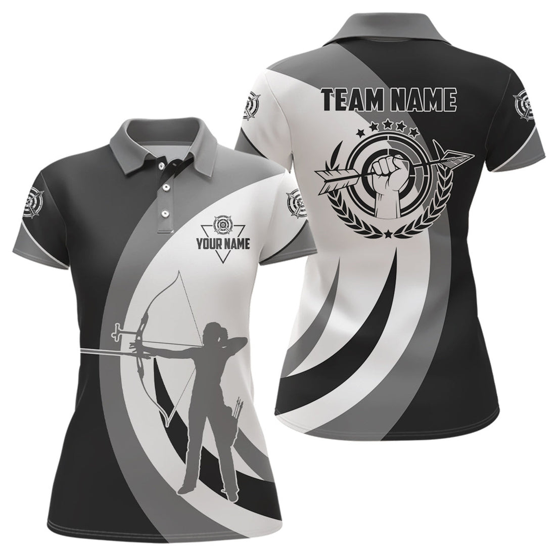 Custom Grey Black Archery Player Silhouette Uniform Women's Polo Shirts S-5XL