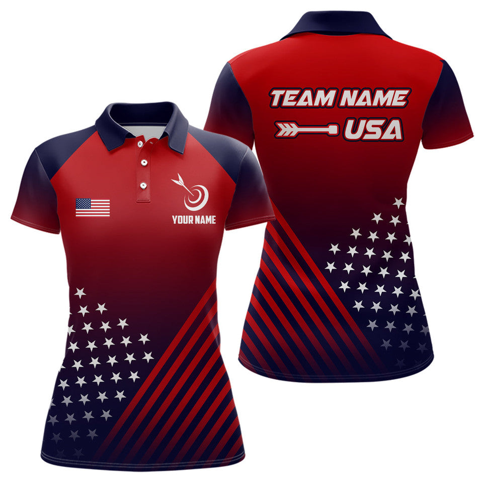 Custom Name Patriotic US Flag Archery Team for Women Women's Polo Shirts S-5XL
