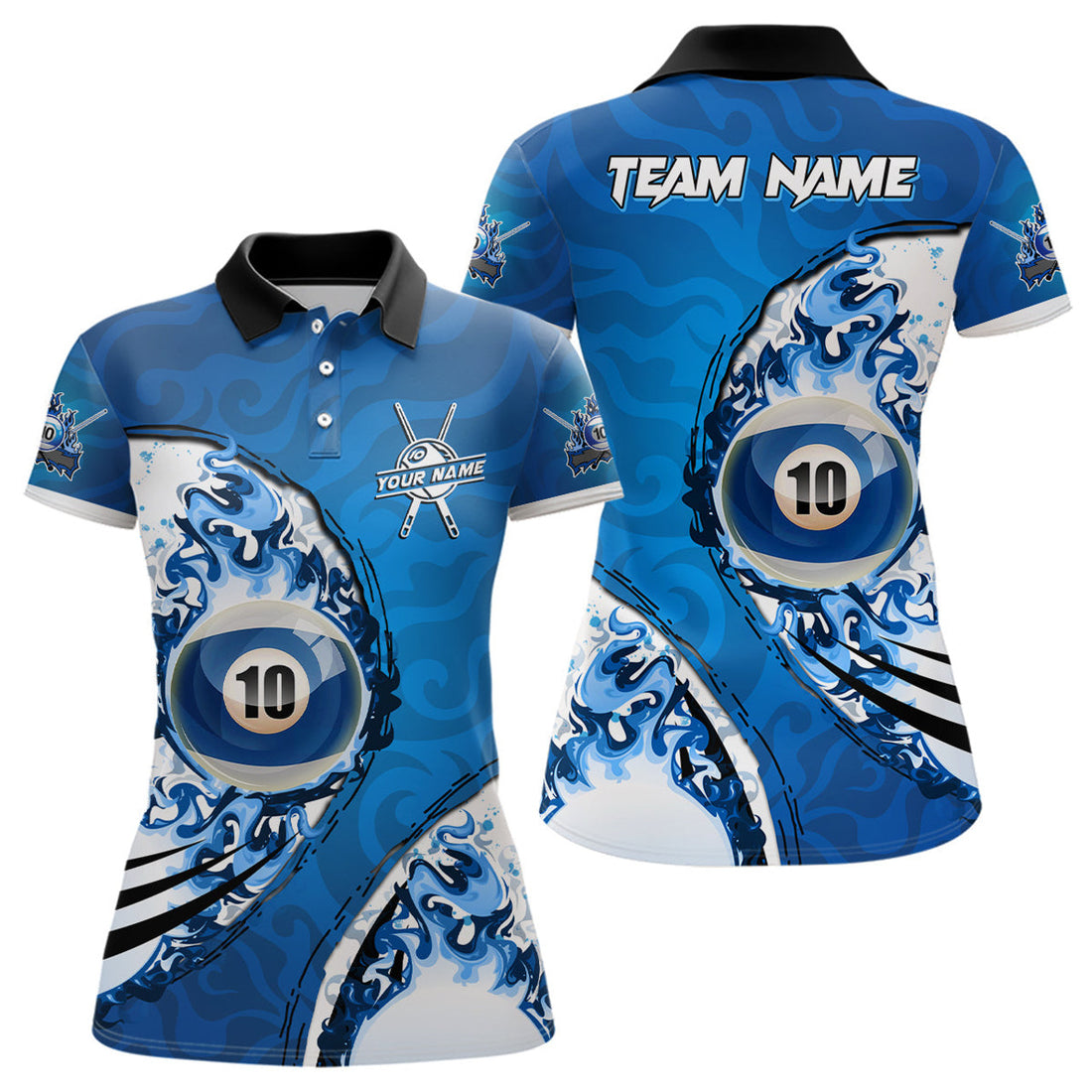 Custom Blue Flaming 10 Ball Billiards Pool Player Shirts Women's Polo Shirts S-5XL