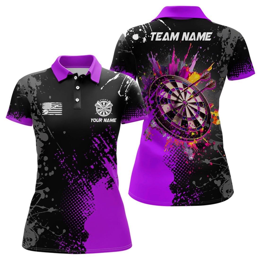 Custom Name Purple 3D Dartboard Team Darts Polo Women's Polo Shirts S-5XL