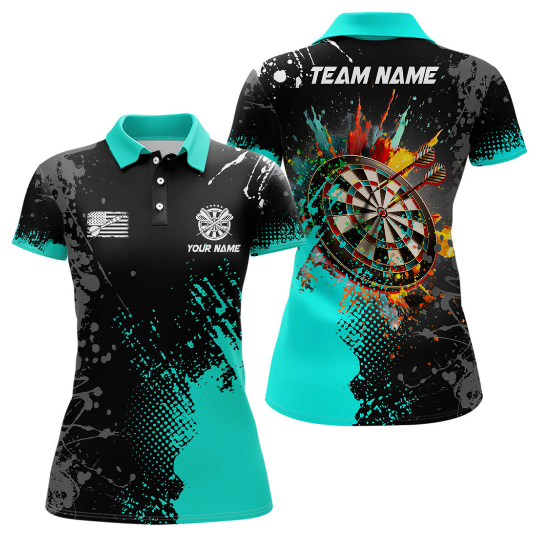 Custom Turquoise 3D Dartboard Team Polo Shirts Women's Polo Shirts S-5XL