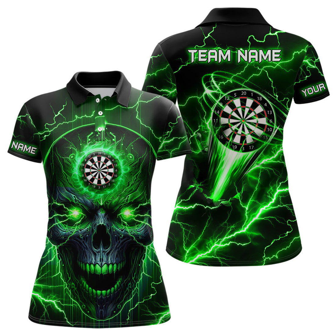Custom Personalized Green Darts Skull Team League Women's Polo Shirts S-5XL
