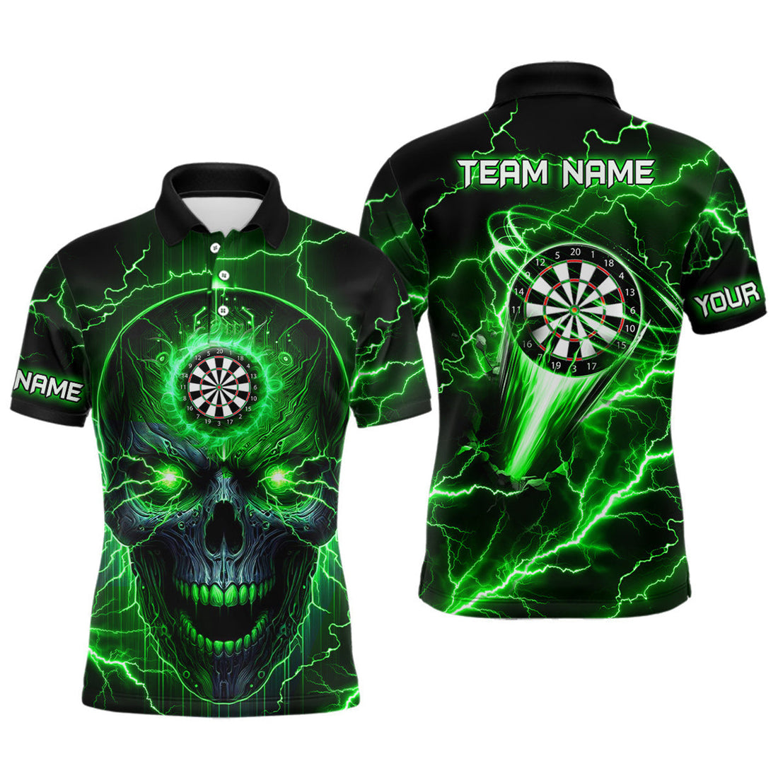 Custom Green Darts Skull Jersey Lightning Thunder Team Men's Polo Shirt S-5XL