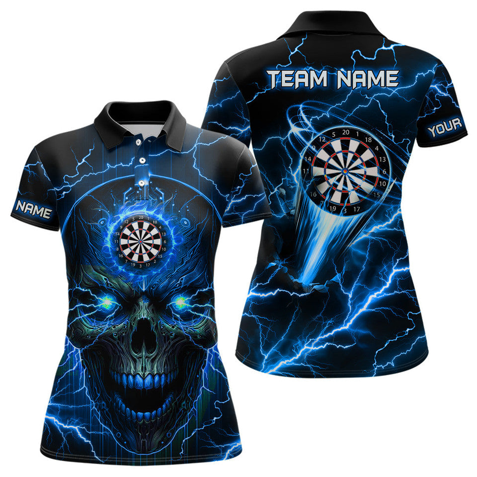 Custom Name Blue Skull Lightning Thunder Darts Team Shirt Women's Polo Shirts S-5XL