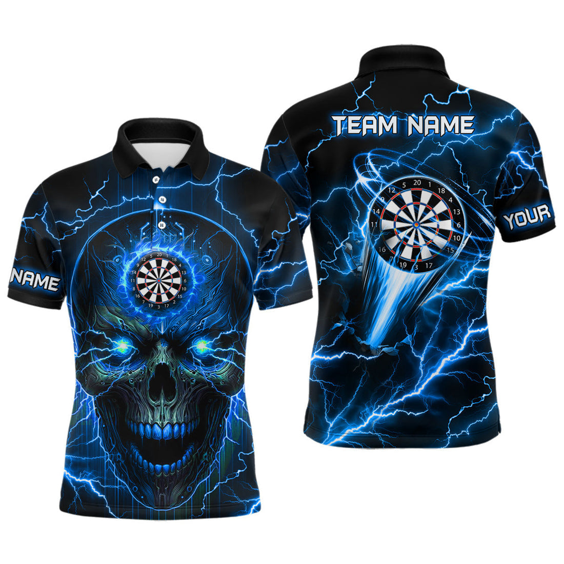 Personalized Blue Darts Skull Lightning Team League Men's Polo Shirt S-5XL