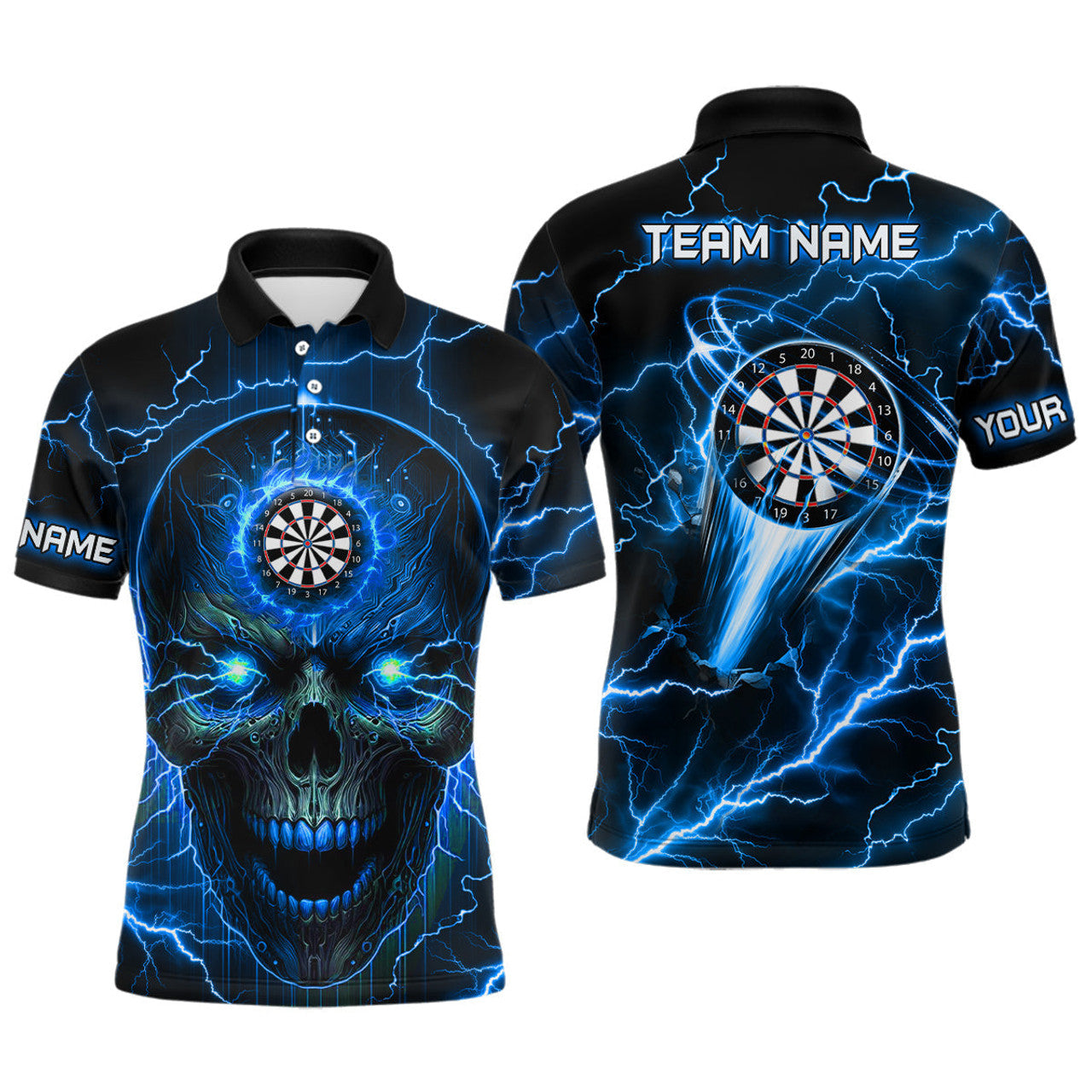 Personalized Blue Darts Skull Lightning Team League Men's Polo Shirt S-5XL