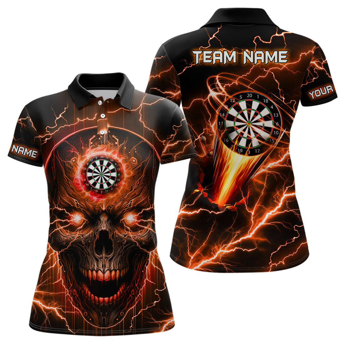 Custom Orange Darts Skull Lightning Thunder Team League Women's Polo Shirts S-5XL