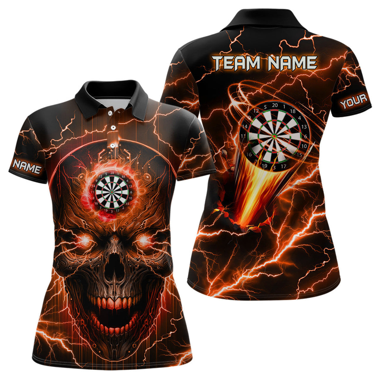 Custom Orange Darts Skull Lightning Thunder Team League Women's Polo Shirts S-5XL