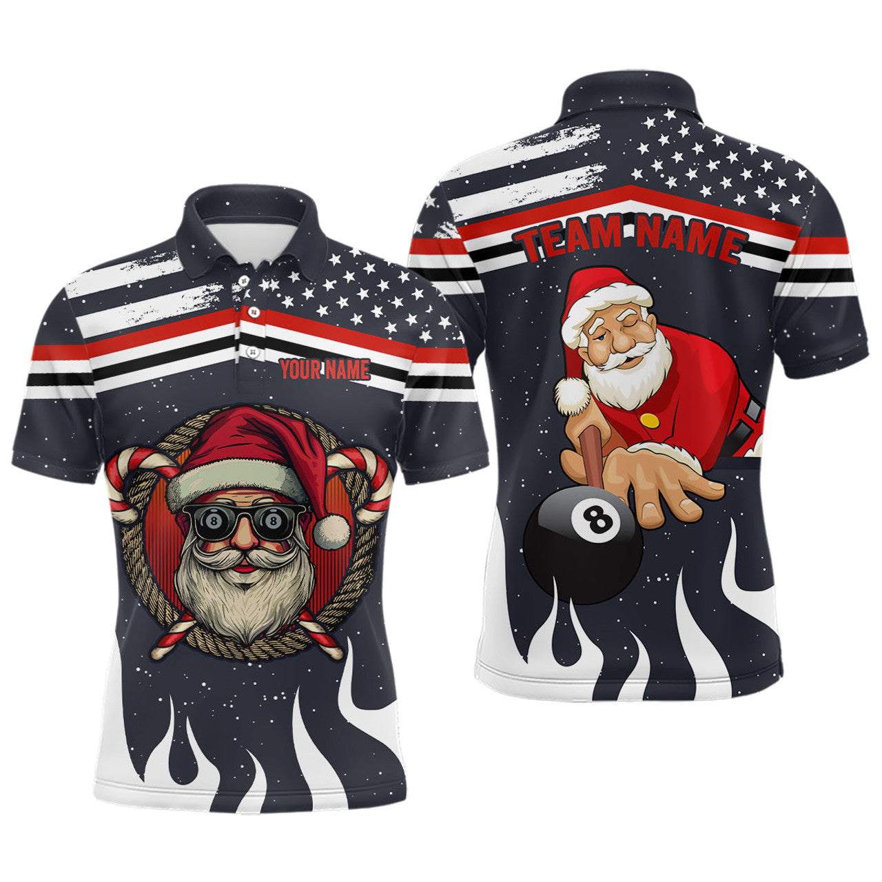 Personalized Funny Christmas Santa Billiard US Flag Fire Men's Polo Shirt S-5XL
