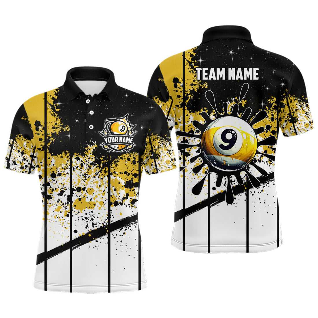 Personalized Billiard 9 Ball Grunge Style Mens Polo Shirt S-5XL