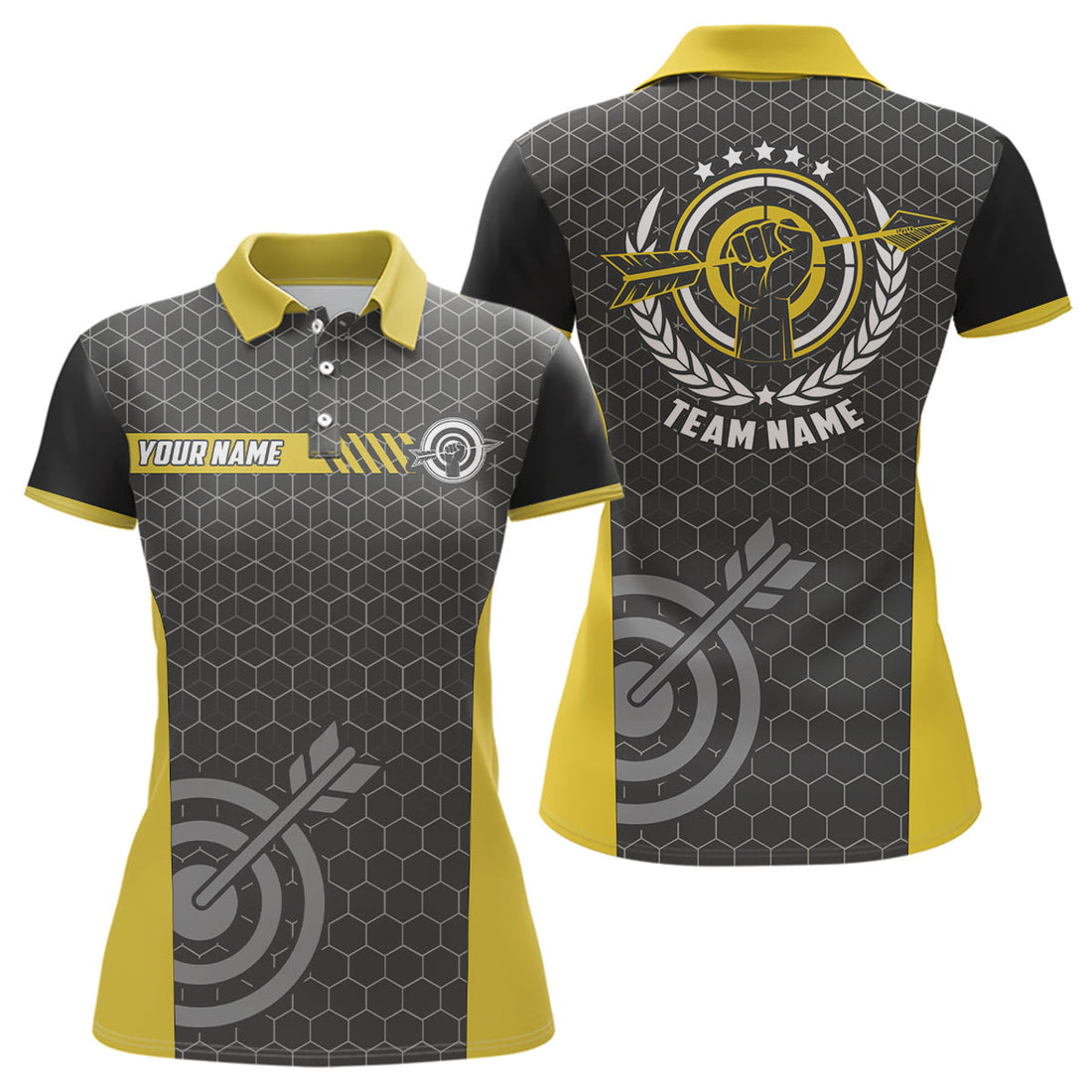 Custom Team Name Yellow Black Archery Target Design Women's Polo Shirts S-5XL