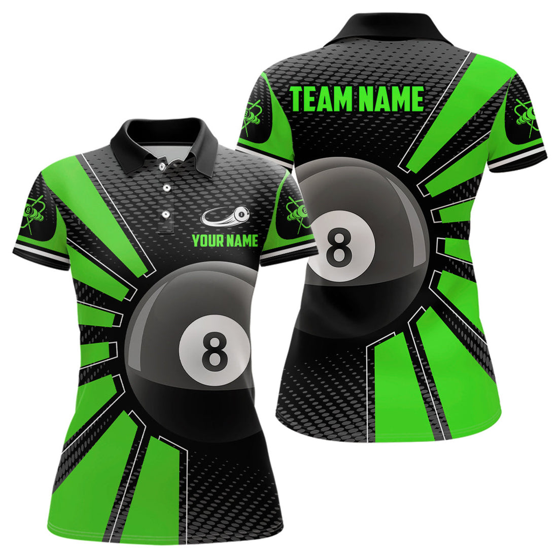 Custom Name Green 8 Ball Billiard Team Shirt Design Women's Polo Shirts S-5XL