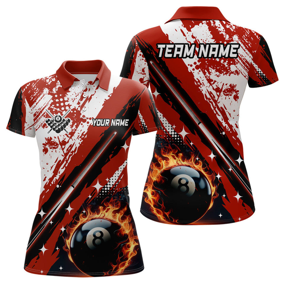 Custom Name Billiard Cue 8 Ball Pool Grunge Style Red Women's Polo Shirts S-5XL