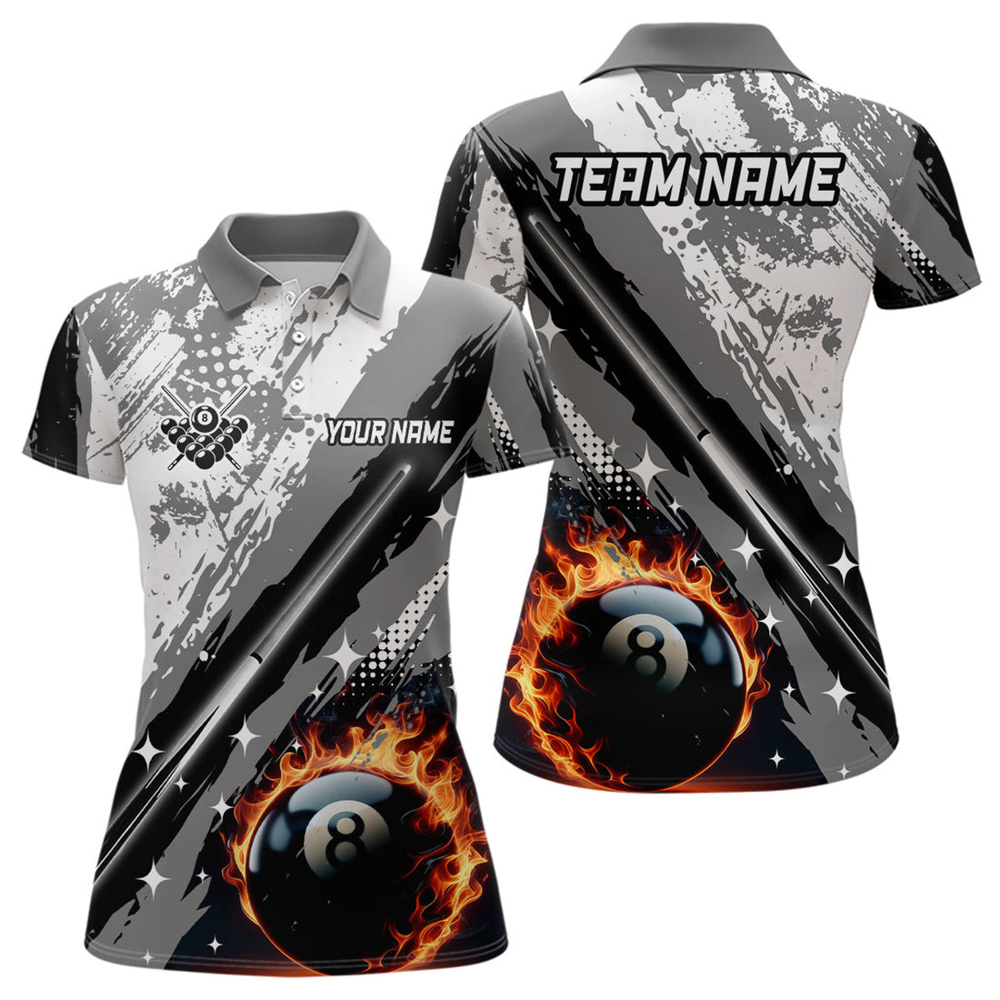 Custom Billiard Cue 8 Ball Pool Grunge Style Grey Top Women's Polo Shirts S-5XL