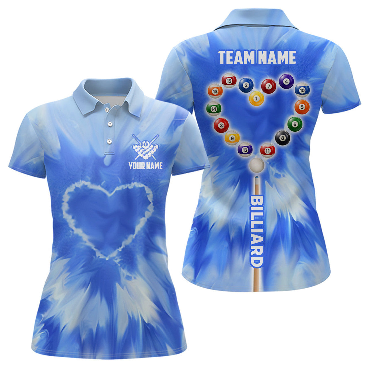 Custom Blue Tie Dye Heart Billiard Unique Gifts Women's Polo Shirts S-5XL