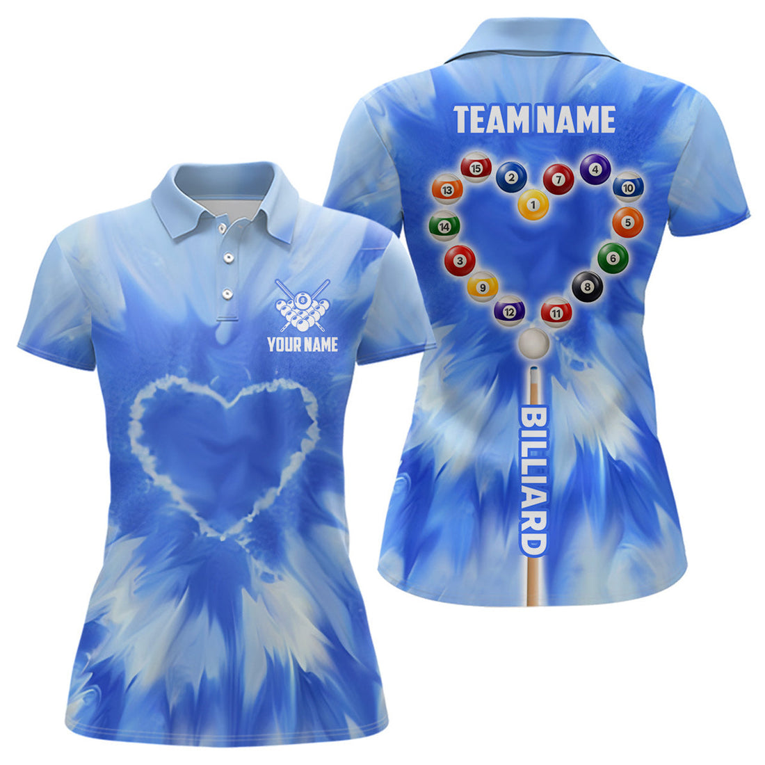 Custom Blue Tie Dye Heart Billiard Unique Gifts Women's Polo Shirts S-5XL